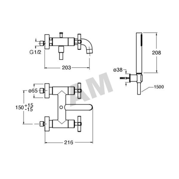 Plano tecnico dimensional con medidas del caño de 203 mm del grifo de banera Cristina CRIEV180