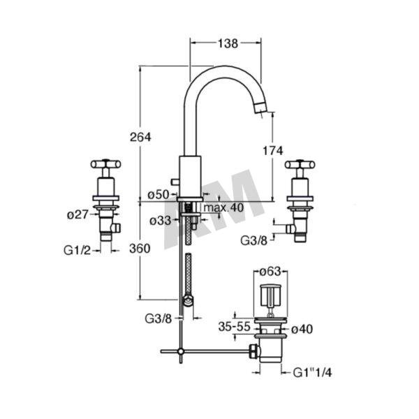 plano-tecnico-medidas-mezclador-lavabo-criev205 Esquema tecnico y dimensiones del grifo mezclador de repisa para lavabo Cristina CRIEV205