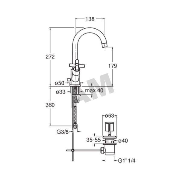Plano tecnico dimensional del grifo mezclador de un orificio para lavabo Cristina CRIEV226