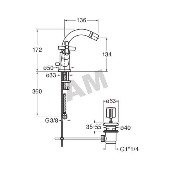 Plano tecnico dimensional del grifo mezclador monobloc para bide Cristina CRIEV326